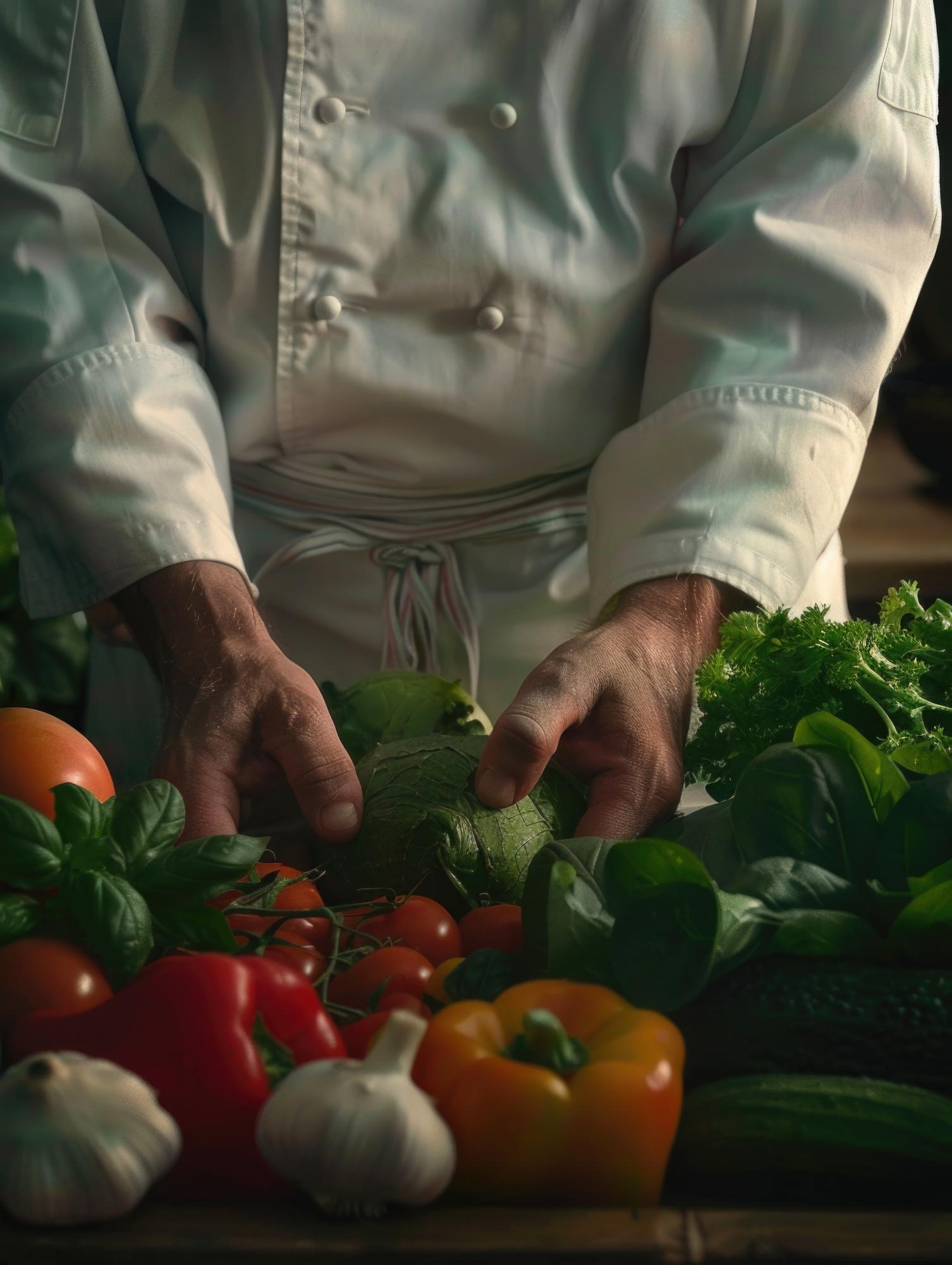 Close-up of chef preparing vegetables in studio kitchen