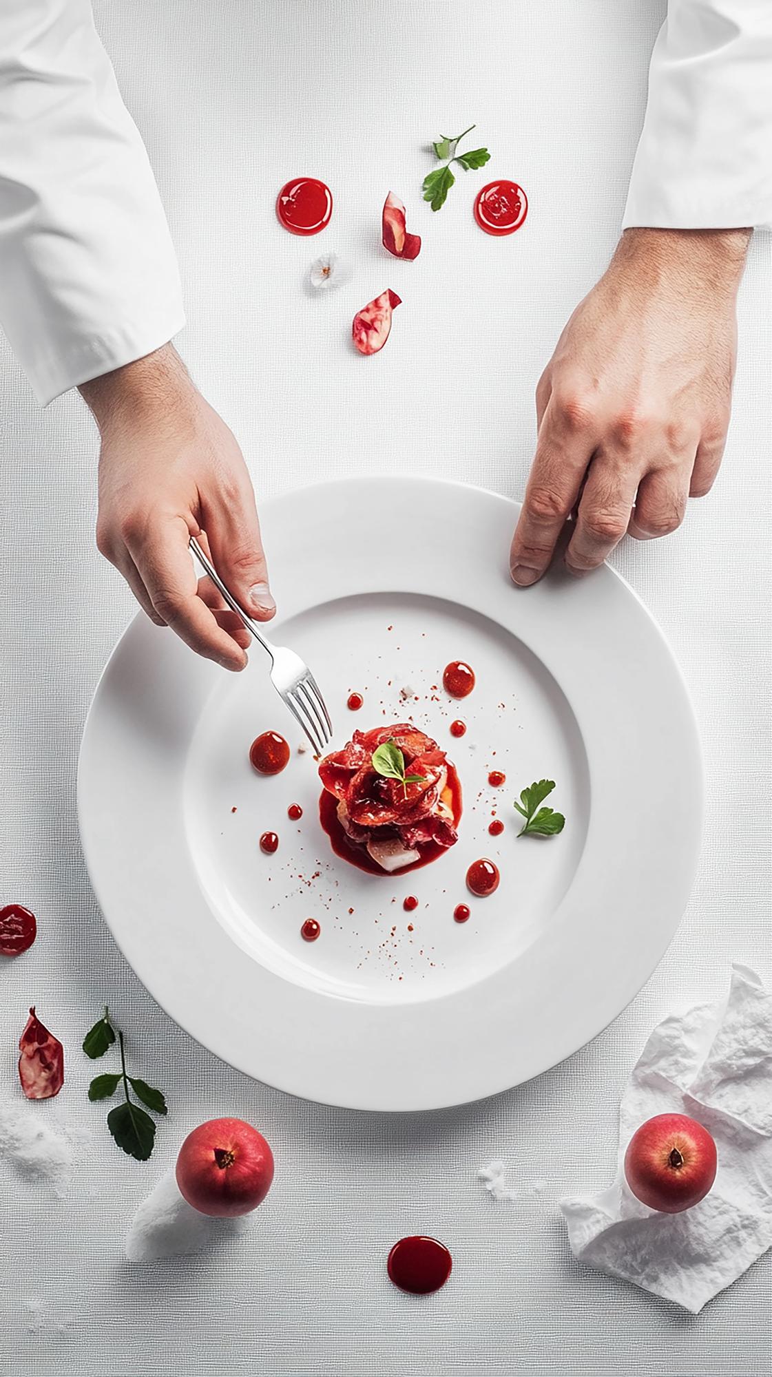 Chef arranging plated seasonal dish on wooden table